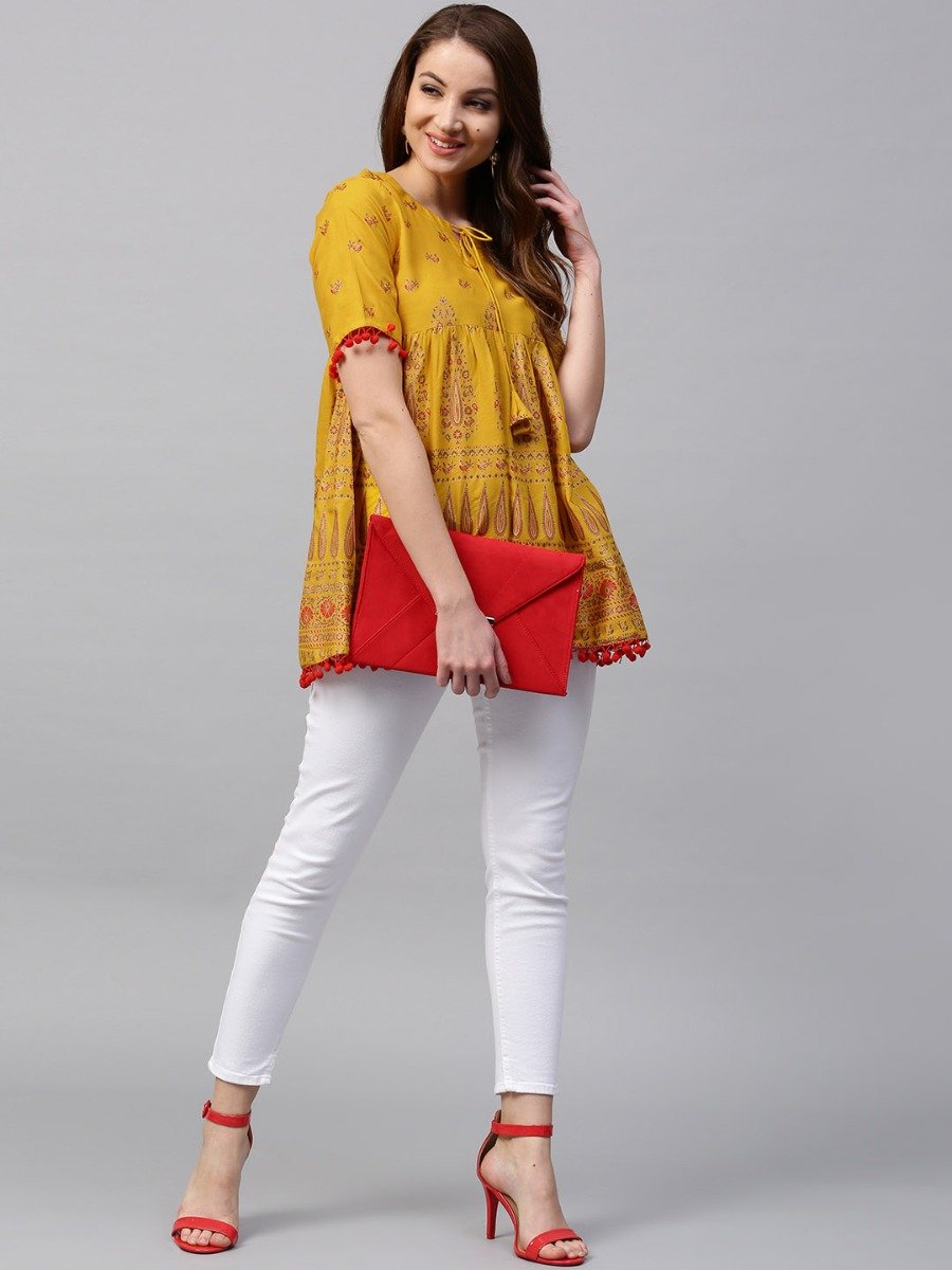 Buy Yellow Cotton Printed Kurti Online – Gerua