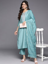 Blue Yoke Design Silk Blend Straight Kurta With Trousers & Dupatta