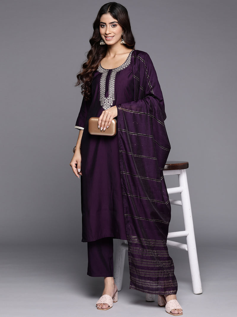 Purple Embroidered Silk Blend Straight Kurta With Trousers & Dupatta