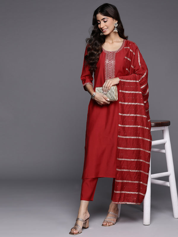 Red Yoke Design Silk Blend Straight Kurta With Trousers & Dupatta