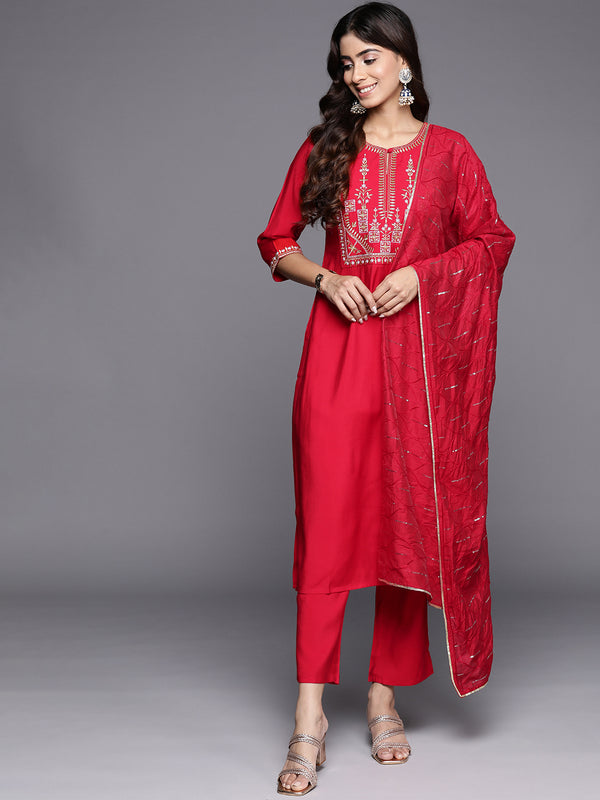 Red Yoke Design Silk Blend Straight Kurta With Trousers & Dupatta