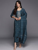 Blue Embroidered Silk Blend Straight Kurta With Trousers & Dupatta