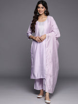 Lavender Yoke Design Silk Blend Straight Kurta With Trousers & Dupatta