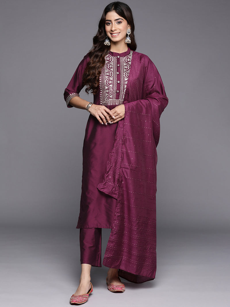 Burgundy Yoke Design Silk Blend Straight Kurta With Trousers & Dupatta