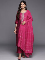 Pink Embroidered Silk Blend Straight Kurta With Trousers & Dupatta