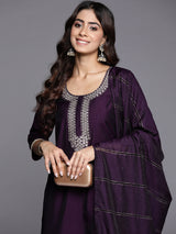 Purple Embroidered Silk Blend Straight Kurta With Trousers & Dupatta