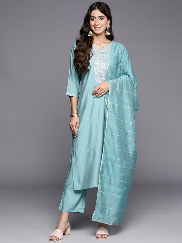 Blue Yoke Design Silk Blend Straight Kurta With Trousers & Dupatta