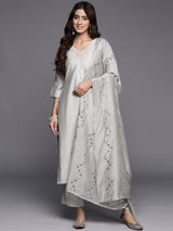 Grey Yoke Design Silk Blend Straight Kurta With Trousers & Dupatta
