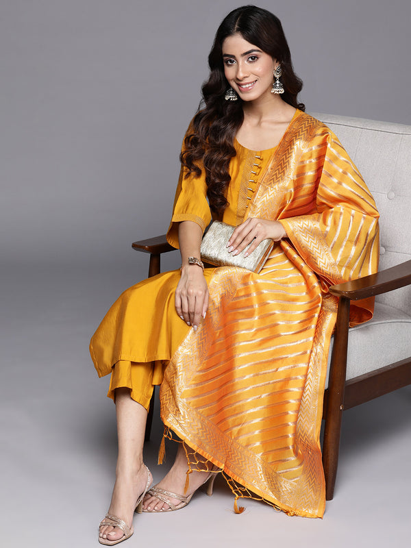 Mustard Solid Silk Blend Straight Kurta With Trousers & Dupatta