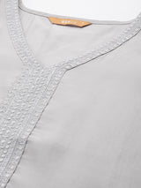 Grey Yoke Design Silk Blend Straight Kurta With Trousers & Dupatta