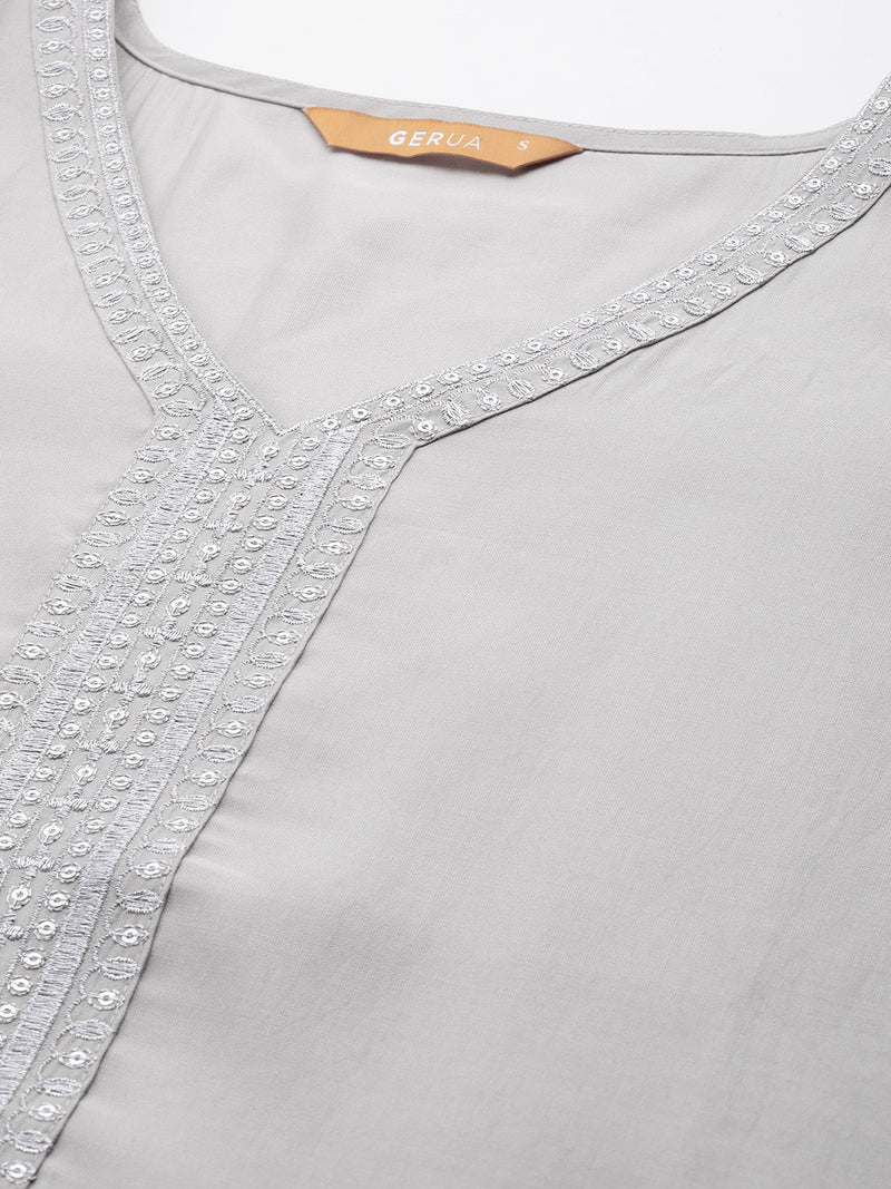 Grey Yoke Design Silk Blend Straight Kurta With Trousers & Dupatta