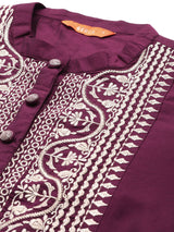 Burgundy Yoke Design Silk Blend Straight Kurta With Trousers & Dupatta