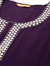Purple Embroidered Silk Blend Straight Kurta With Trousers & Dupatta