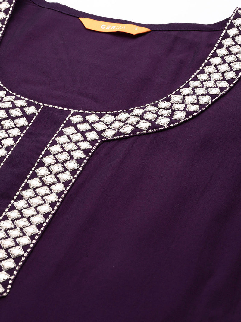 Purple Embroidered Silk Blend Straight Kurta With Trousers & Dupatta