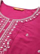 Pink Embroidered Silk Blend Straight Kurta With Trousers & Dupatta