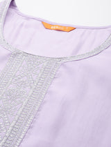 Lavender Yoke Design Silk Blend Straight Kurta With Trousers & Dupatta