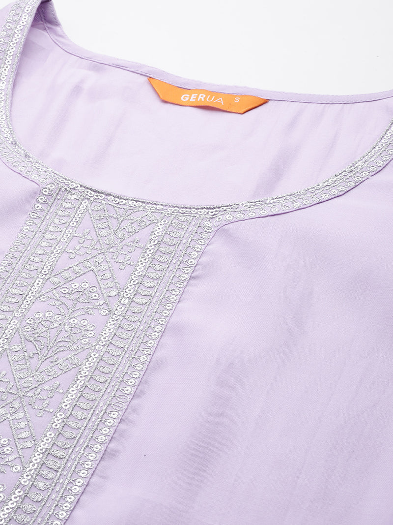 Lavender Yoke Design Silk Blend Straight Kurta With Trousers & Dupatta
