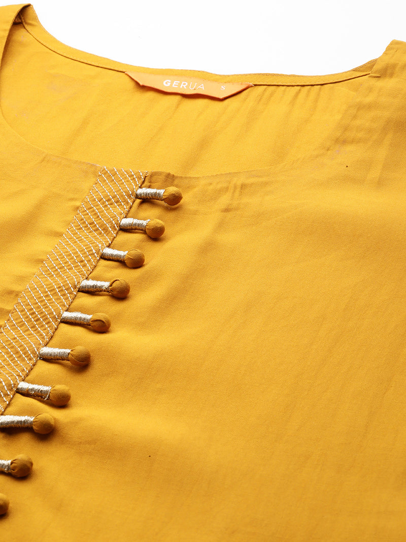 Mustard Solid Silk Blend Straight Kurta With Trousers & Dupatta