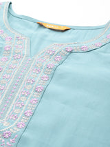 Blue Yoke Design Silk Blend Straight Kurta With Trousers & Dupatta