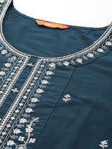 Blue Embroidered Silk Blend Straight Kurta With Trousers & Dupatta