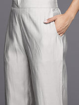 Grey Yoke Design Silk Blend Straight Kurta With Trousers & Dupatta