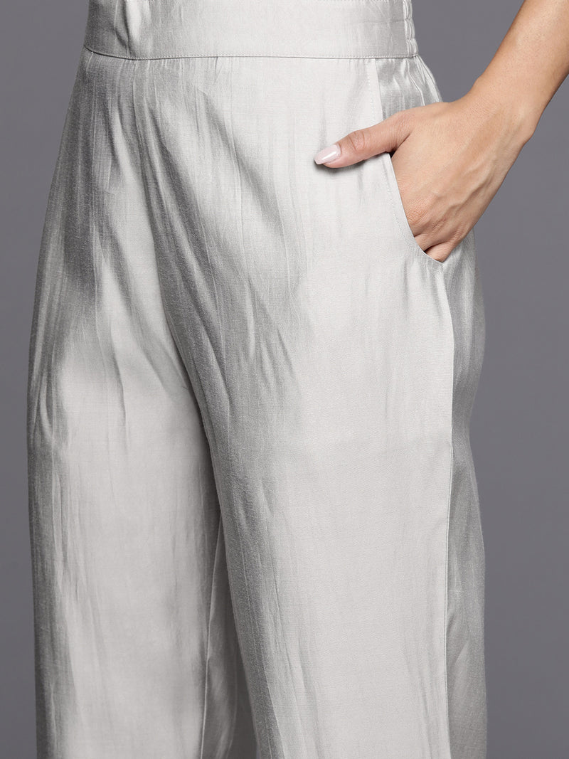 Grey Yoke Design Silk Blend Straight Kurta With Trousers & Dupatta