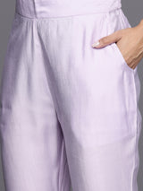 Lavender Yoke Design Silk Blend Straight Kurta With Trousers & Dupatta