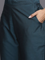 Blue Embroidered Silk Blend Straight Kurta With Trousers & Dupatta