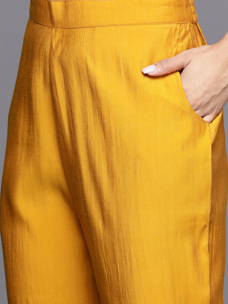 Mustard Solid Silk Blend Straight Kurta With Trousers & Dupatta