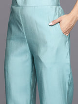 Blue Yoke Design Silk Blend Straight Kurta With Trousers & Dupatta