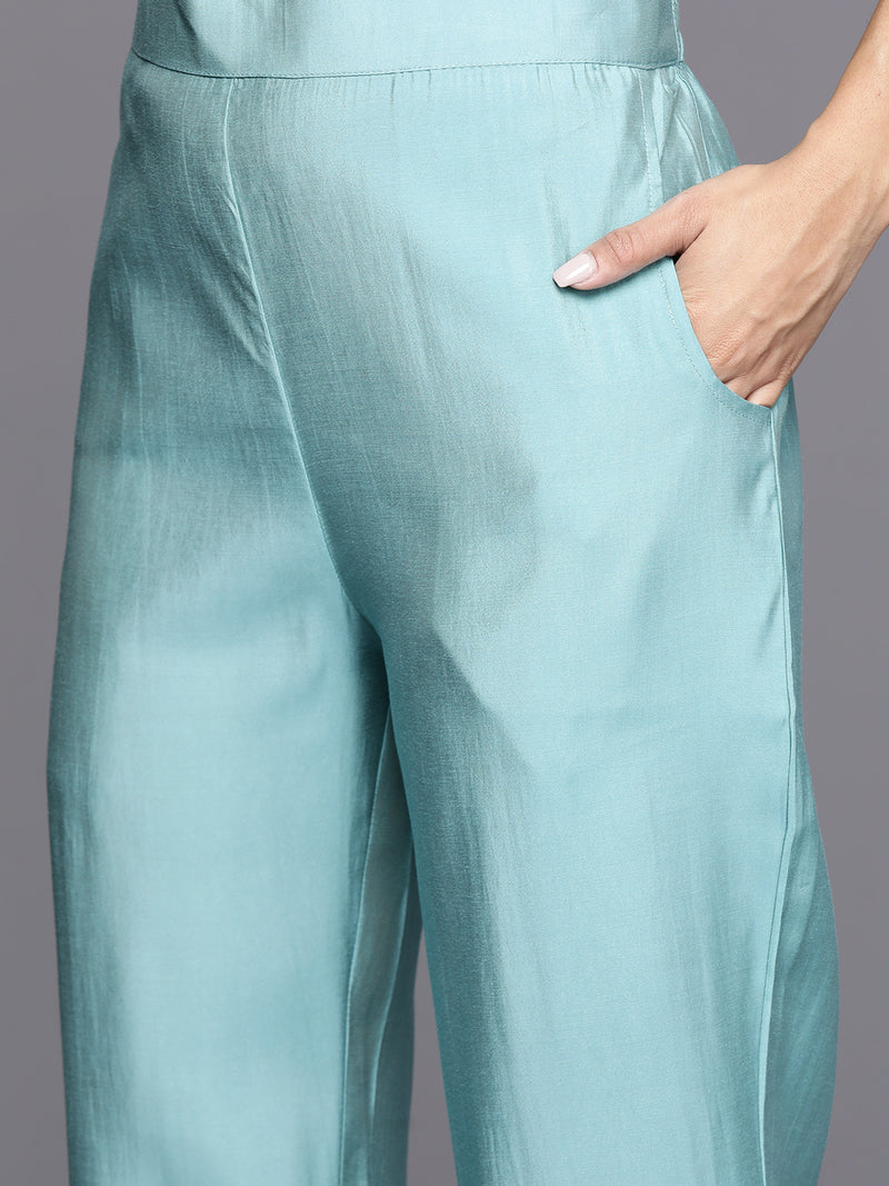 Blue Yoke Design Silk Blend Straight Kurta With Trousers & Dupatta