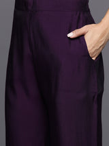 Purple Embroidered Silk Blend Straight Kurta With Trousers & Dupatta