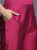 Pink Embroidered Silk Blend Straight Kurta With Trousers & Dupatta