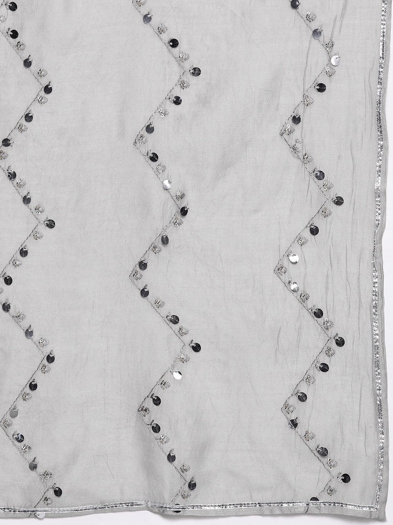 Grey Yoke Design Silk Blend Straight Kurta With Trousers & Dupatta