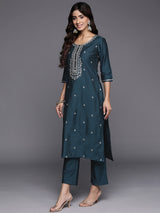 Blue Embroidered Silk Blend Straight Kurta With Trousers & Dupatta