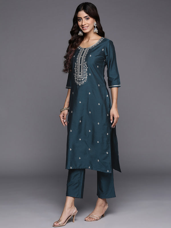 Blue Embroidered Silk Blend Straight Kurta With Trousers & Dupatta