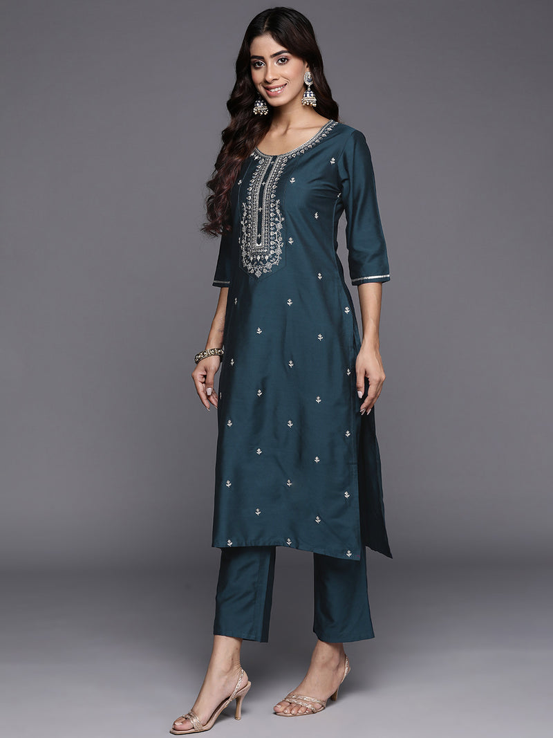 Blue Embroidered Silk Blend Straight Kurta With Trousers & Dupatta