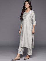 Grey Yoke Design Silk Blend Straight Kurta With Trousers & Dupatta