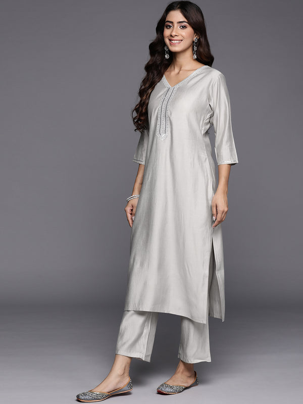 Grey Yoke Design Silk Blend Straight Kurta With Trousers & Dupatta