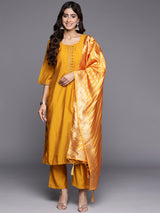Mustard Solid Silk Blend Straight Kurta With Trousers & Dupatta