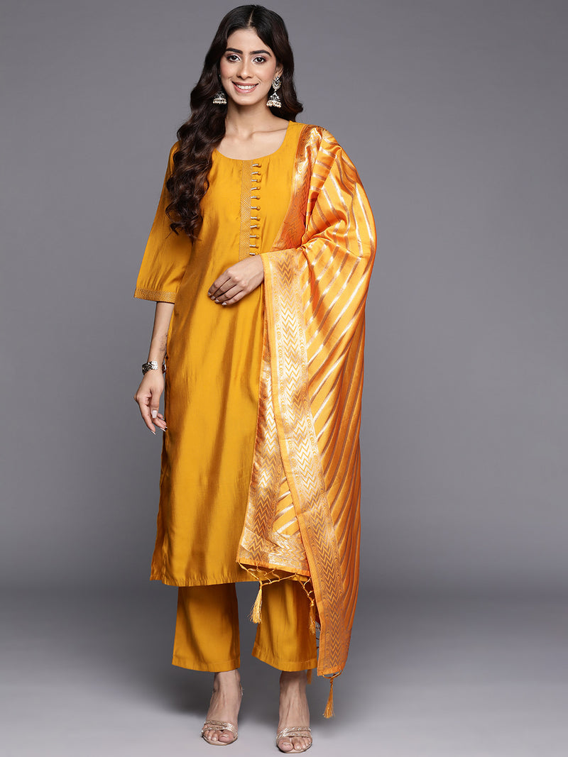 Mustard Solid Silk Blend Straight Kurta With Trousers & Dupatta