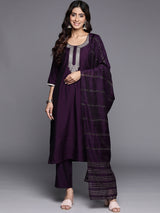 Purple Embroidered Silk Blend Straight Kurta With Trousers & Dupatta