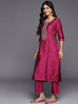 Pink Embroidered Silk Blend Straight Kurta With Trousers & Dupatta