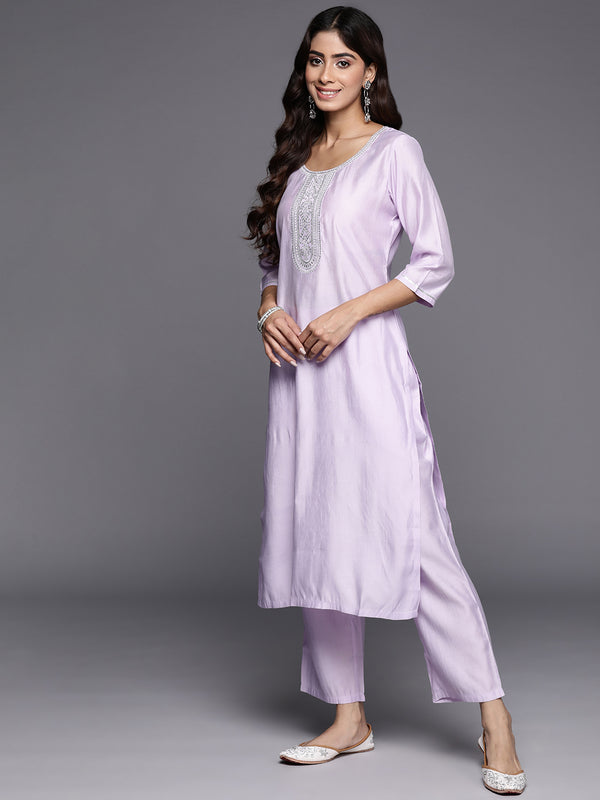 Lavender Yoke Design Silk Blend Straight Kurta With Trousers & Dupatta