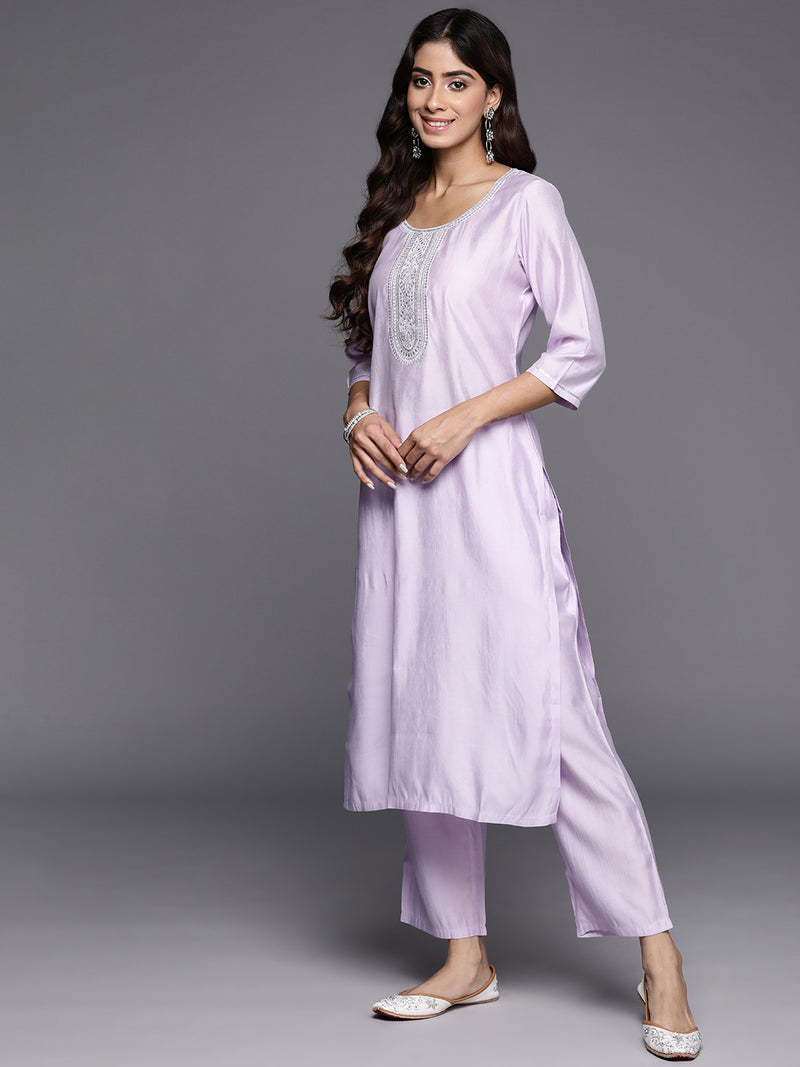 Lavender Yoke Design Silk Blend Straight Kurta With Trousers & Dupatta