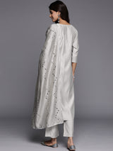 Grey Yoke Design Silk Blend Straight Kurta With Trousers & Dupatta