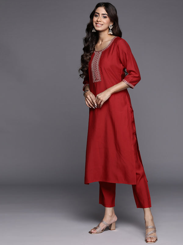 Red Yoke Design Silk Blend Straight Kurta With Trousers & Dupatta
