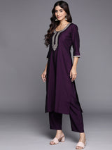 Purple Embroidered Silk Blend Straight Kurta With Trousers & Dupatta