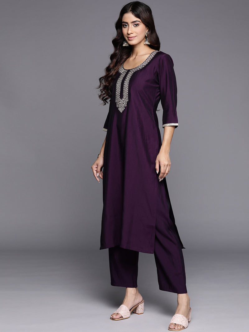 Purple Embroidered Silk Blend Straight Kurta With Trousers & Dupatta
