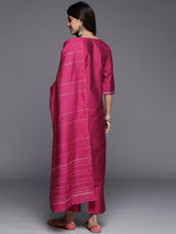 Pink Embroidered Silk Blend Straight Kurta With Trousers & Dupatta